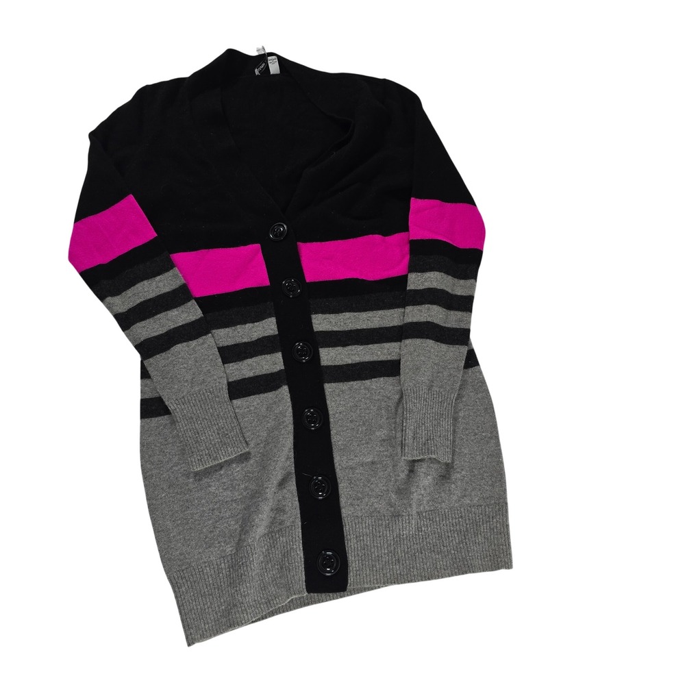Autumn Cashmere Women Small Black Pink Striped Pure Cashmere Cardigan Sweater